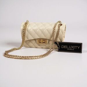 DELUXITY Ivory Gold Chains Quilted Jelly Flap Bag NWT